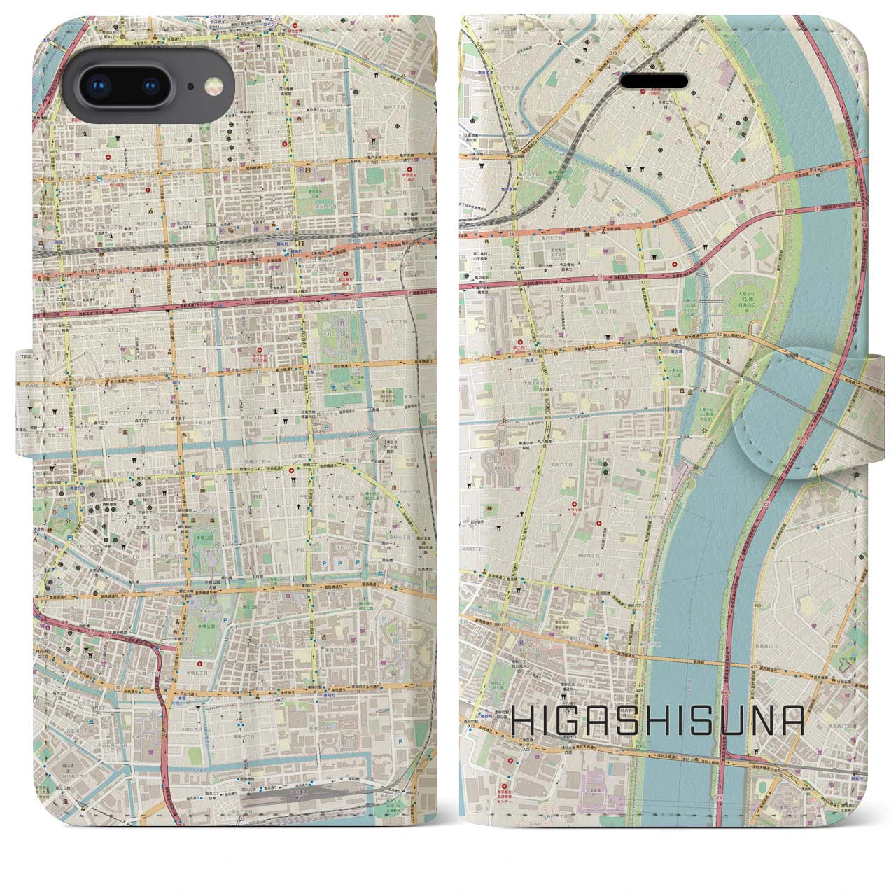 【東砂】地図柄iPhoneケース（手帳両面タイプ・ナチュラル）iPhone 8Plus /7Plus / 6sPlus / 6Plus 用