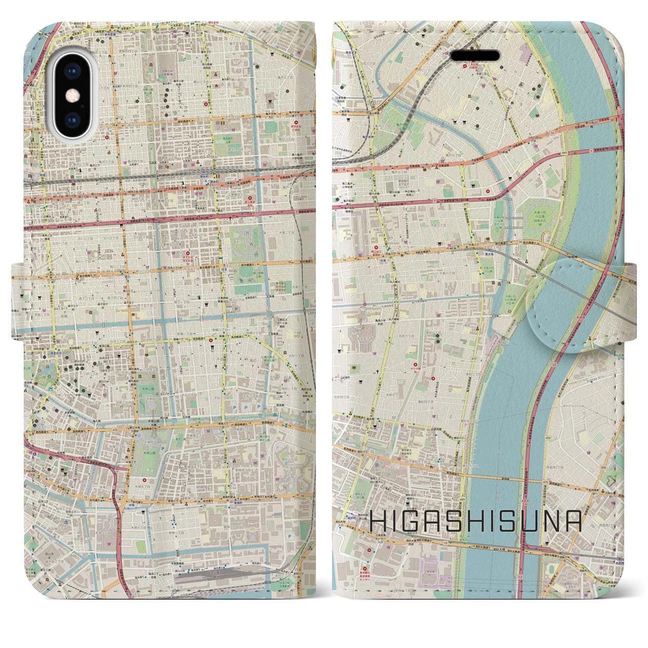 【東砂】地図柄iPhoneケース（手帳両面タイプ・ナチュラル）iPhone XS Max 用