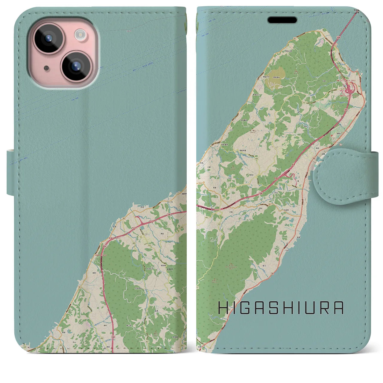 【東浦（兵庫県）】地図柄iPhoneケース（手帳タイプ）ナチュラル・iPhone 15 Plus 用