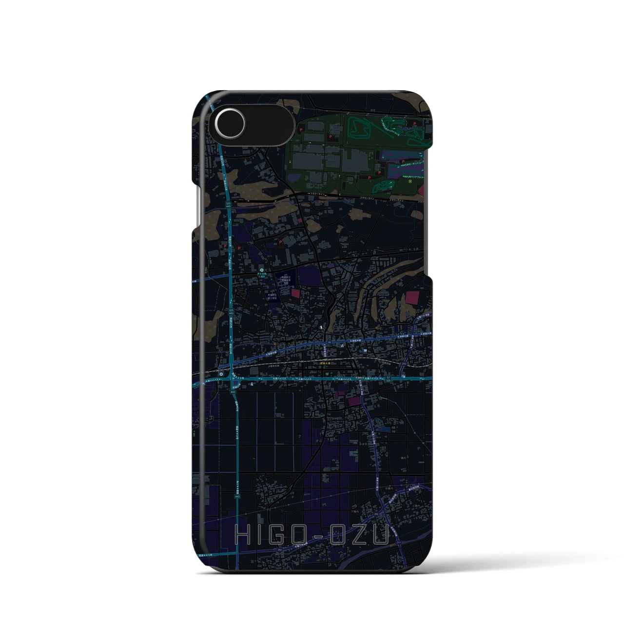 【肥後大津】地図柄iPhoneケース（バックカバータイプ・ブラック）iPhone SE（第3 / 第2世代） / 8 / 7 / 6s / 6 用