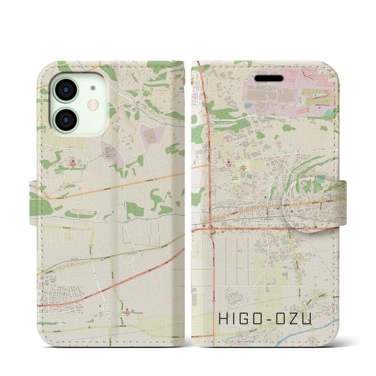 【肥後大津】地図柄iPhoneケース（手帳両面タイプ・ナチュラル）iPhone 12 mini 用
