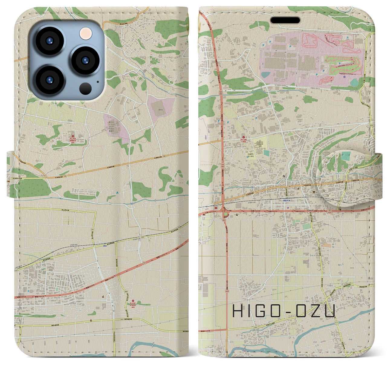 【肥後大津】地図柄iPhoneケース（手帳両面タイプ・ナチュラル）iPhone 13 Pro Max 用