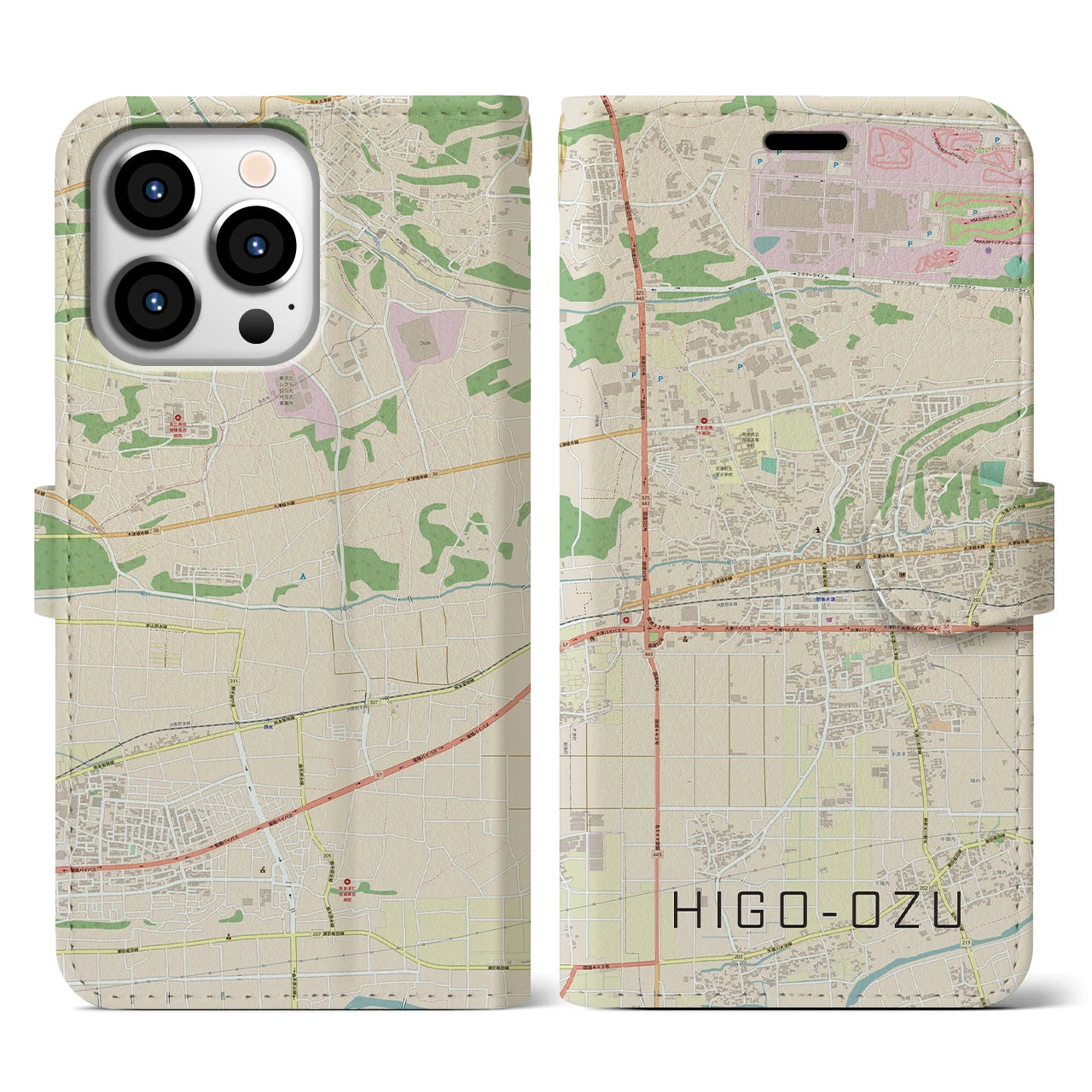 【肥後大津】地図柄iPhoneケース（手帳両面タイプ・ナチュラル）iPhone 13 Pro 用