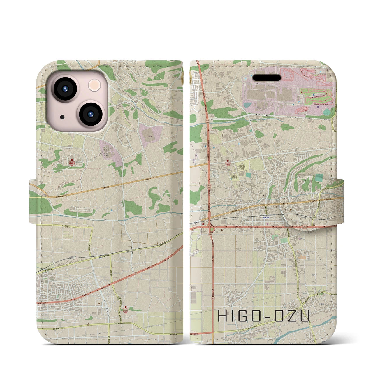 【肥後大津】地図柄iPhoneケース（手帳両面タイプ・ナチュラル）iPhone 13 mini 用