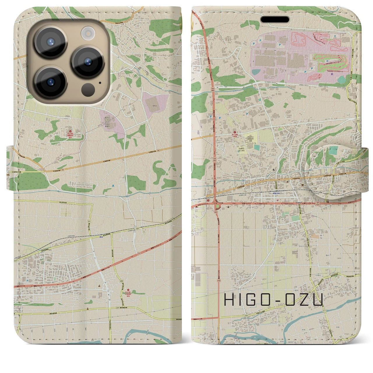 【肥後大津】地図柄iPhoneケース（手帳両面タイプ・ナチュラル）iPhone 14 Pro Max 用