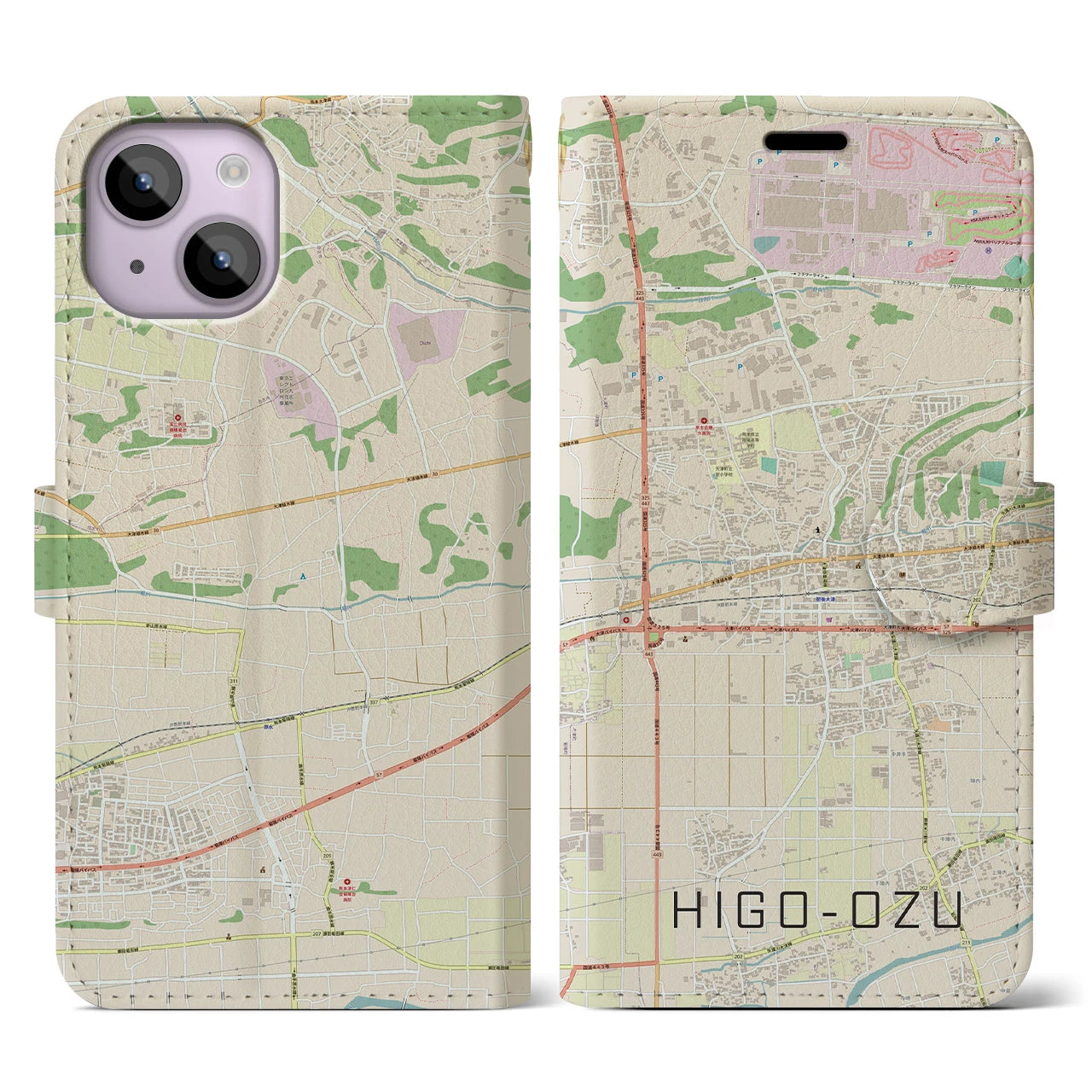 【肥後大津】地図柄iPhoneケース（手帳両面タイプ・ナチュラル）iPhone 14 用