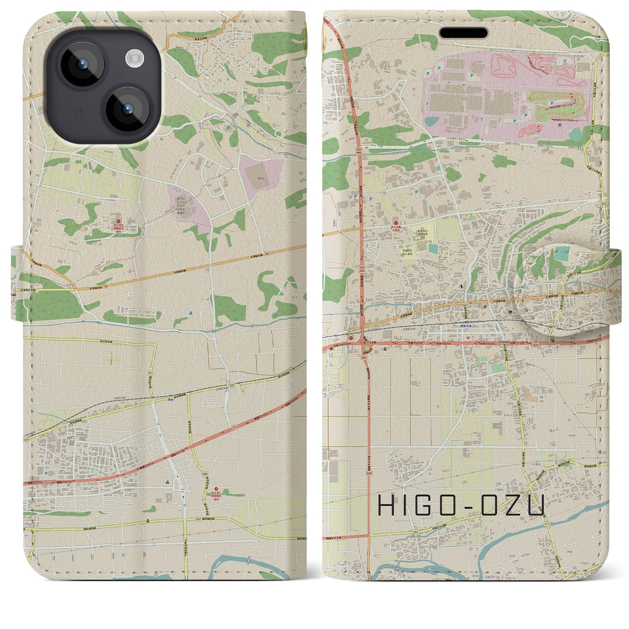 【肥後大津】地図柄iPhoneケース（手帳両面タイプ・ナチュラル）iPhone 14 Plus 用