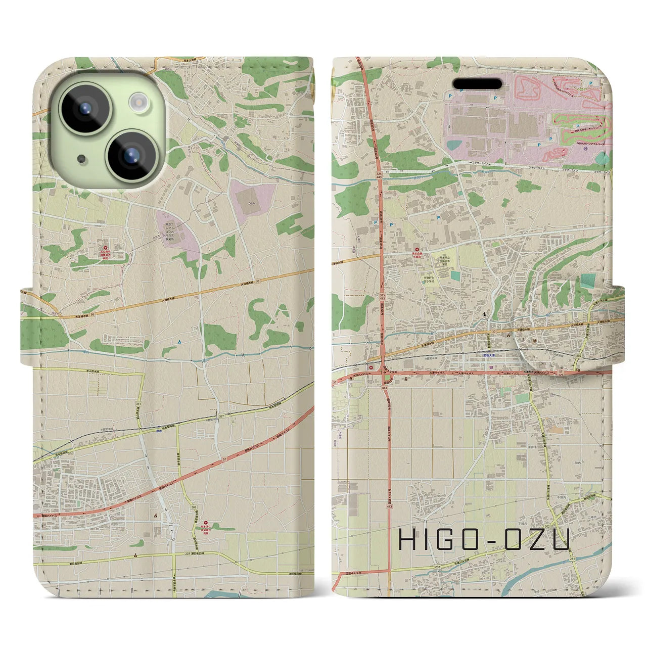 【肥後大津】地図柄iPhoneケース（手帳両面タイプ・ナチュラル）iPhone 15 用
