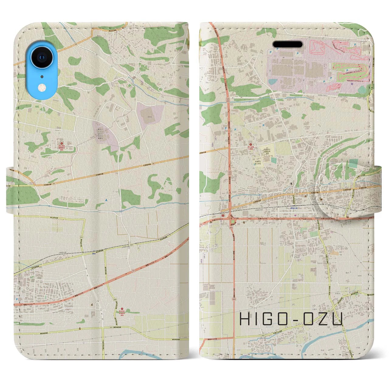 【肥後大津】地図柄iPhoneケース（手帳両面タイプ・ナチュラル）iPhone XR 用