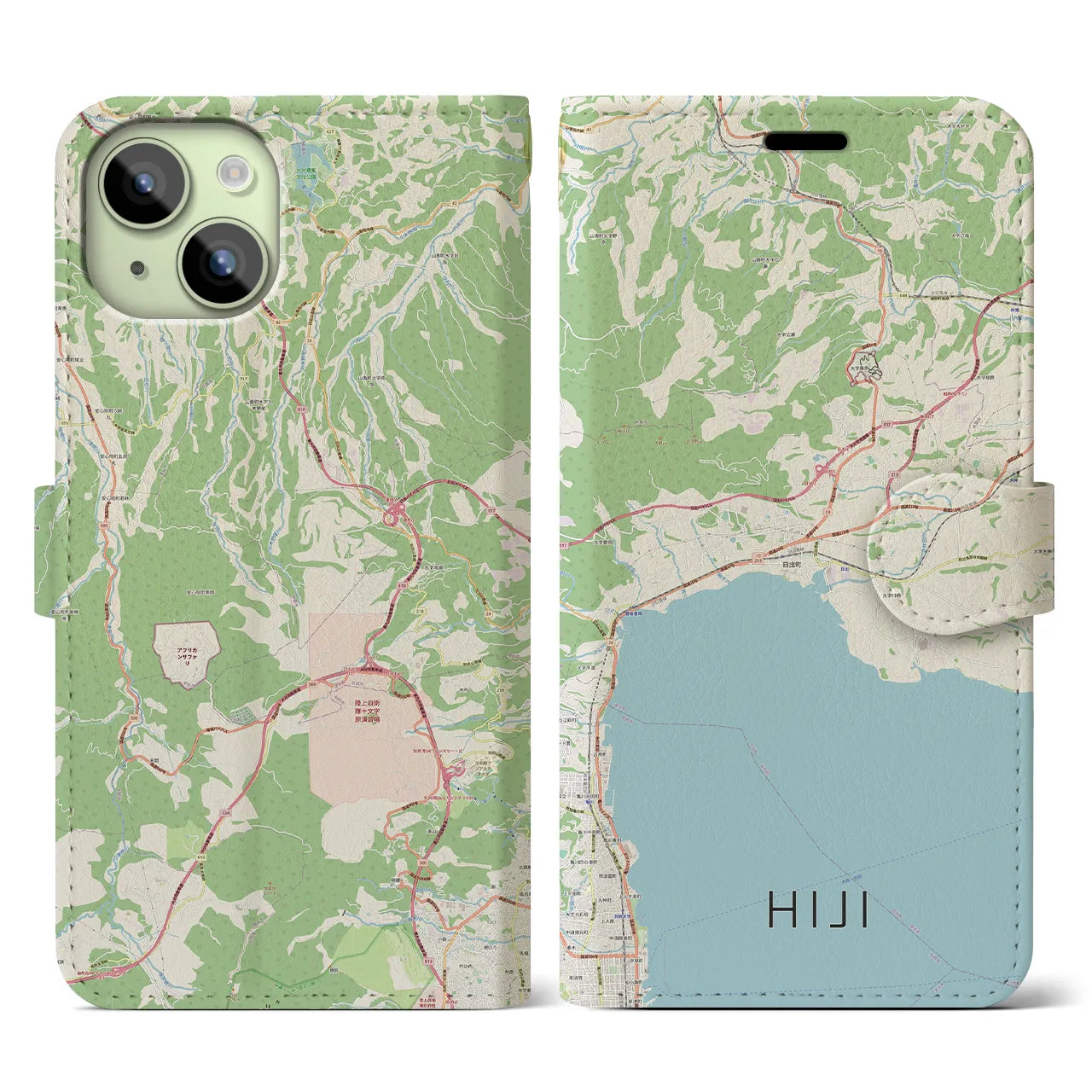 【日出】地図柄iPhoneケース（手帳両面タイプ・ナチュラル）iPhone 15 用