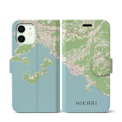 【光（山口県）】地図柄iPhoneケース（手帳タイプ）ナチュラル・iPhone 12 mini 用