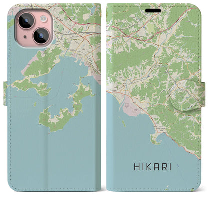 【光（山口県）】地図柄iPhoneケース（手帳タイプ）ナチュラル・iPhone 15 Plus 用
