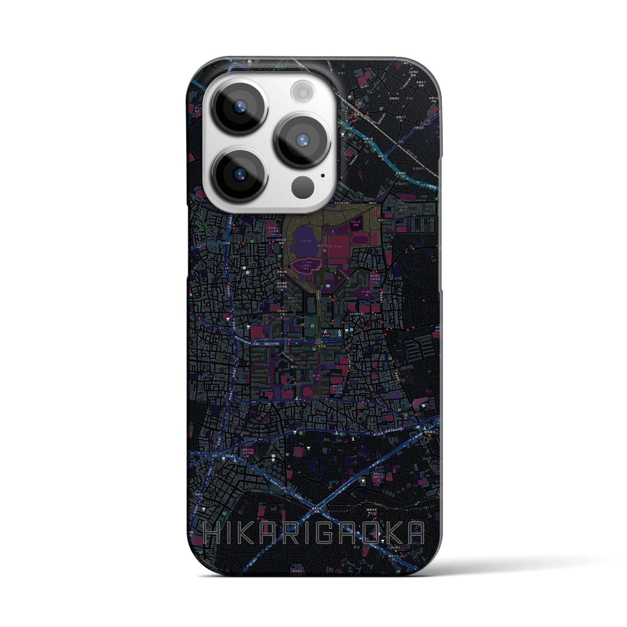 【光が丘】地図柄iPhoneケース（バックカバータイプ・ブラック）iPhone 14 Pro 用