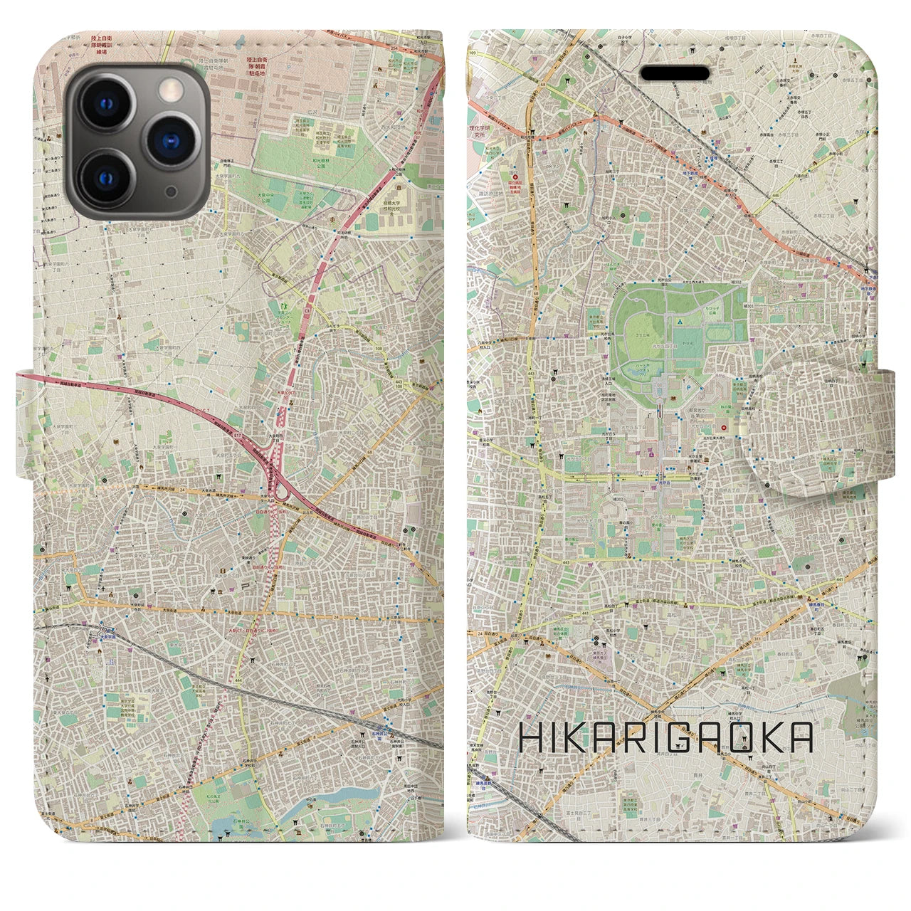 【光が丘】地図柄iPhoneケース（手帳両面タイプ・ナチュラル）iPhone 11 Pro Max 用