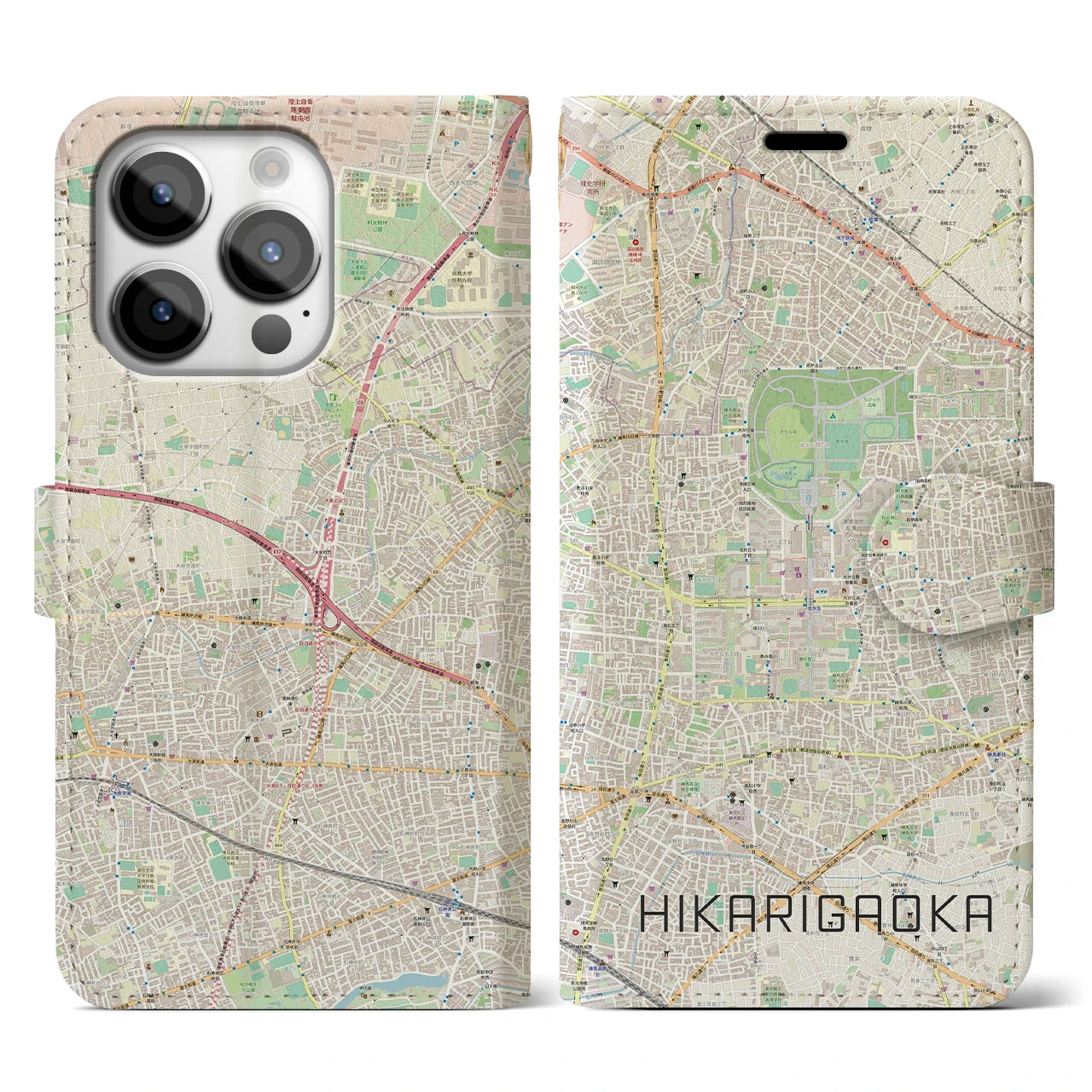 【光が丘】地図柄iPhoneケース（手帳両面タイプ・ナチュラル）iPhone 14 Pro 用