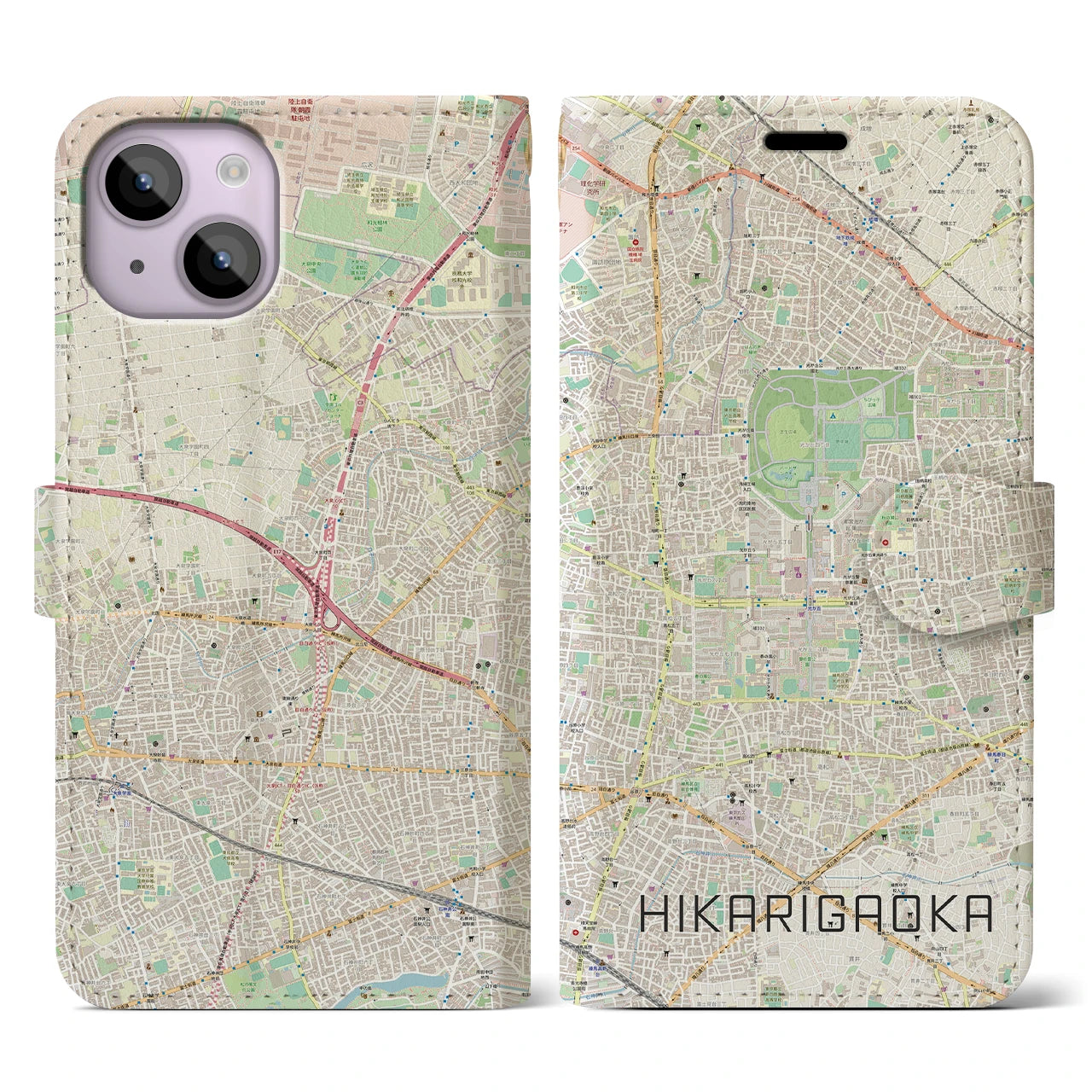 【光が丘】地図柄iPhoneケース（手帳両面タイプ・ナチュラル）iPhone 14 用