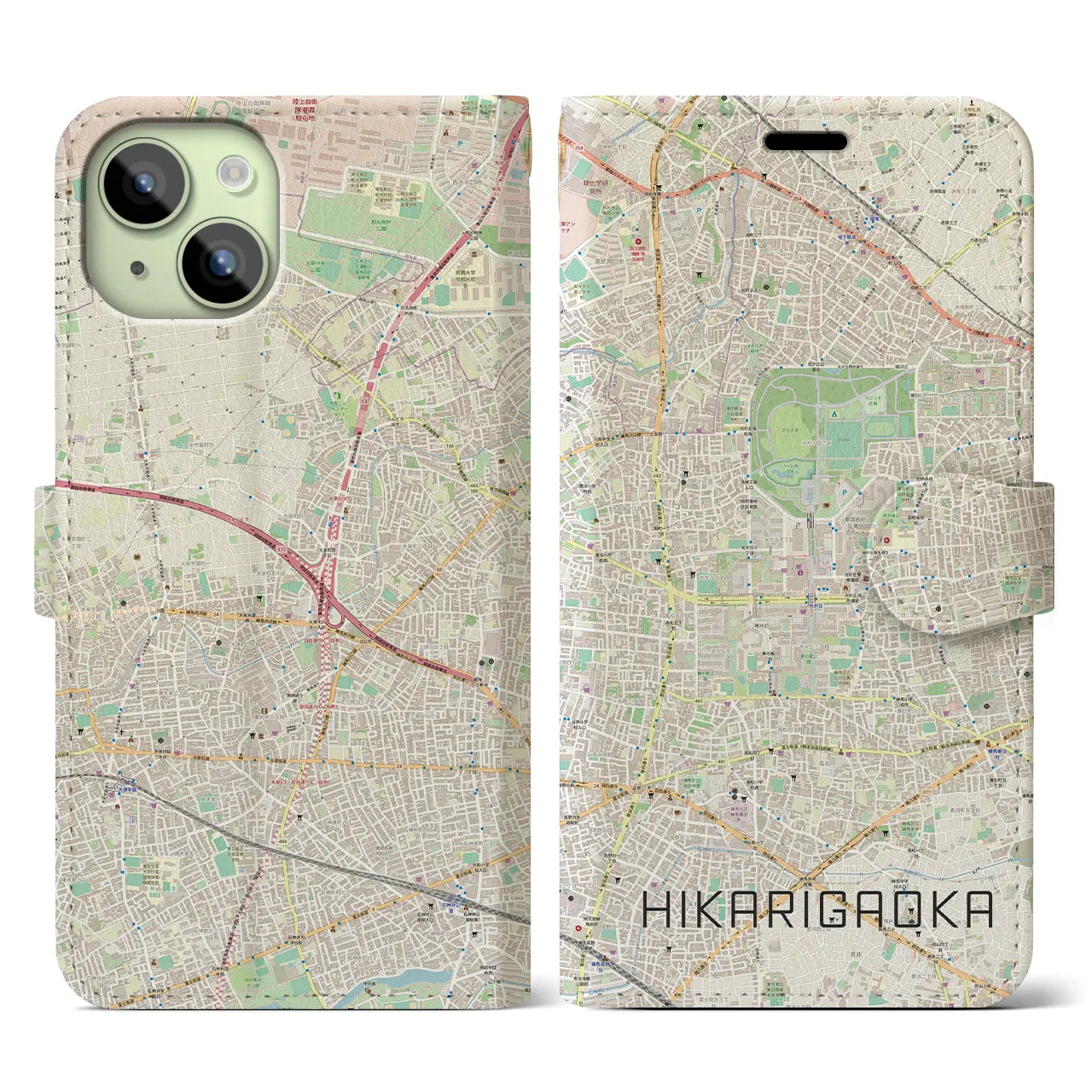 【光が丘】地図柄iPhoneケース（手帳両面タイプ・ナチュラル）iPhone 15 用