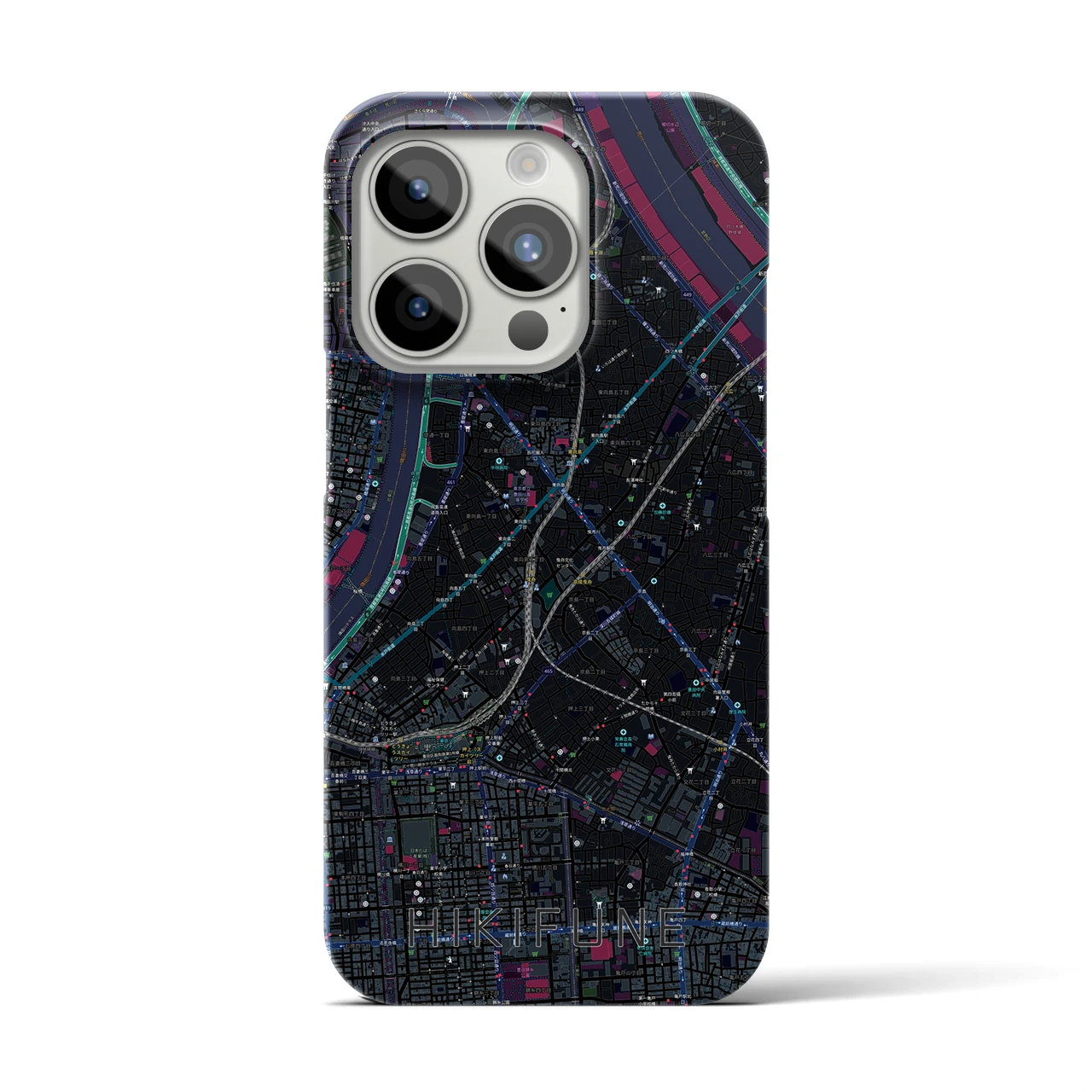 【曳舟】地図柄iPhoneケース（バックカバータイプ・ブラック）iPhone 15 Pro 用