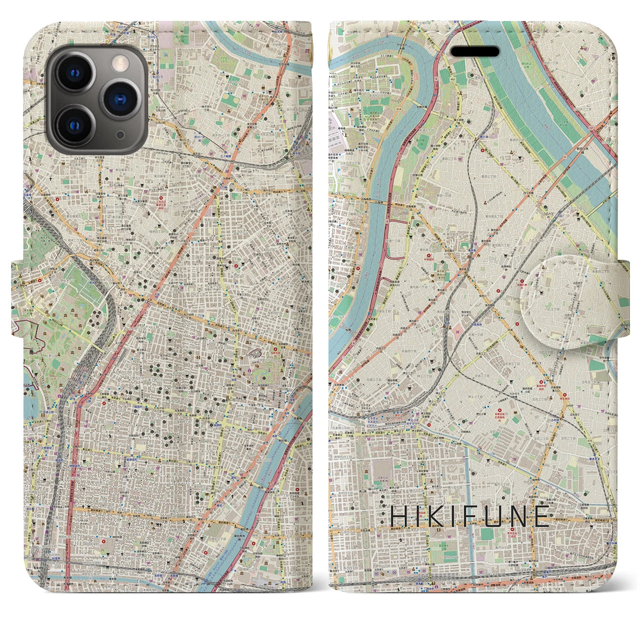 【曳舟】地図柄iPhoneケース（手帳両面タイプ・ナチュラル）iPhone 11 Pro Max 用