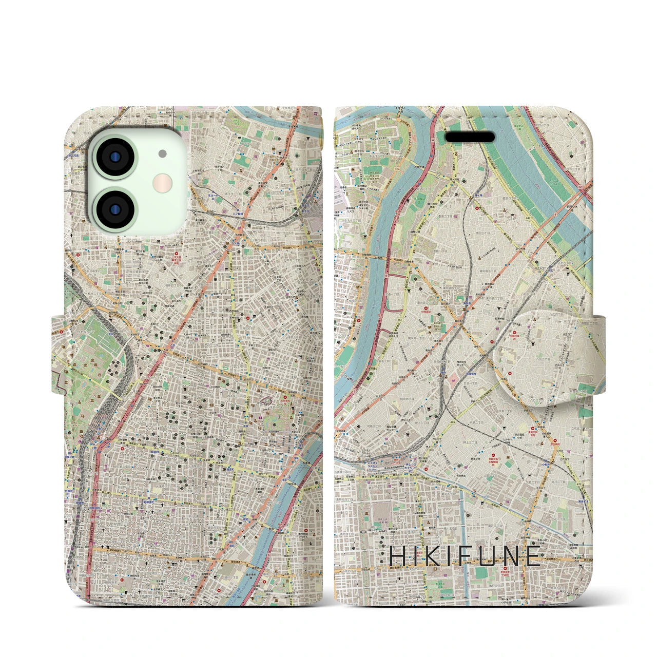 【曳舟】地図柄iPhoneケース（手帳両面タイプ・ナチュラル）iPhone 12 mini 用