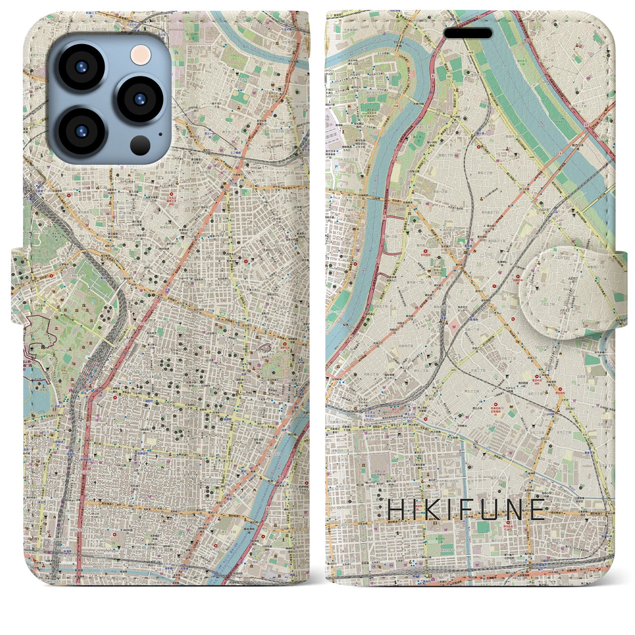 【曳舟】地図柄iPhoneケース（手帳両面タイプ・ナチュラル）iPhone 13 Pro Max 用