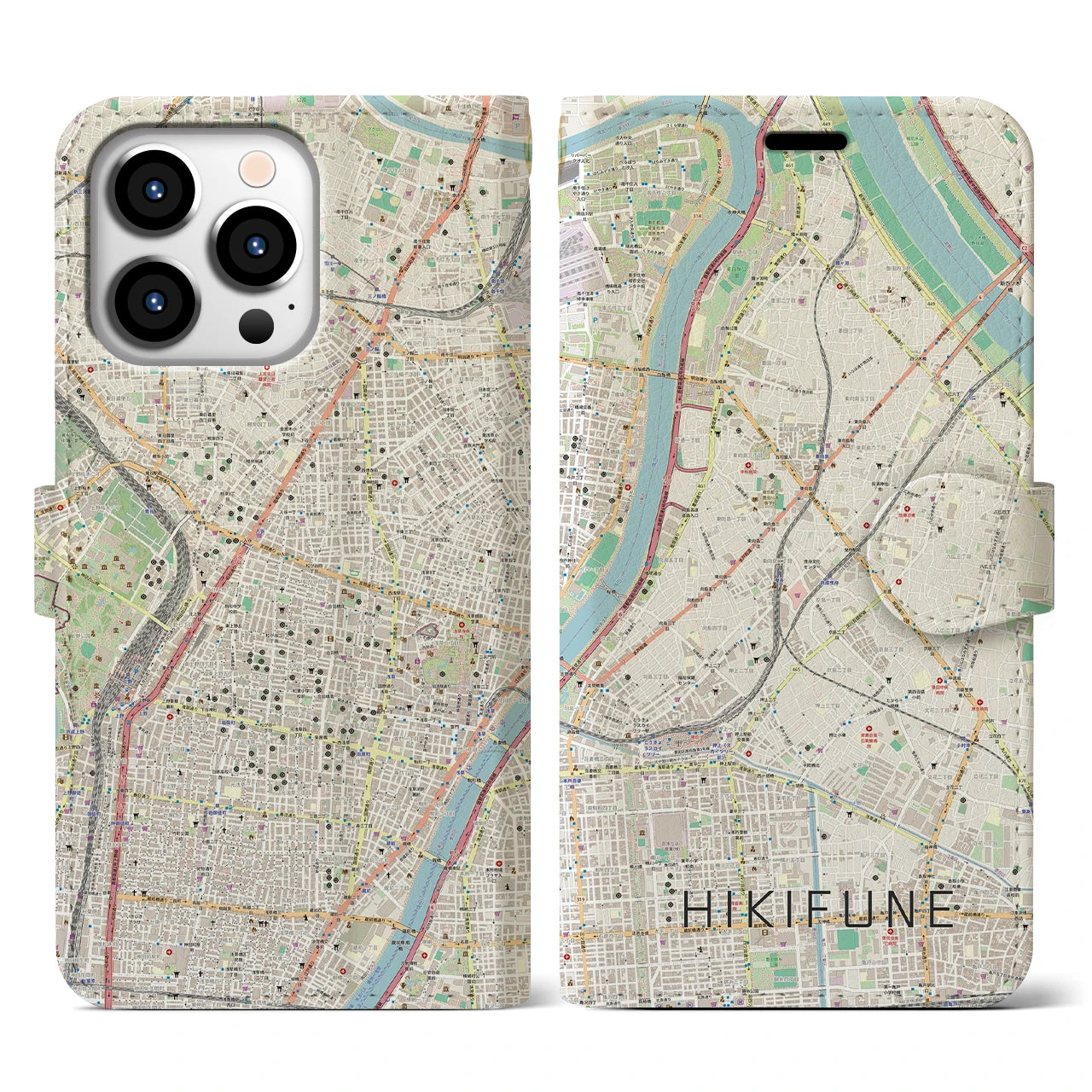 【曳舟】地図柄iPhoneケース（手帳両面タイプ・ナチュラル）iPhone 13 Pro 用