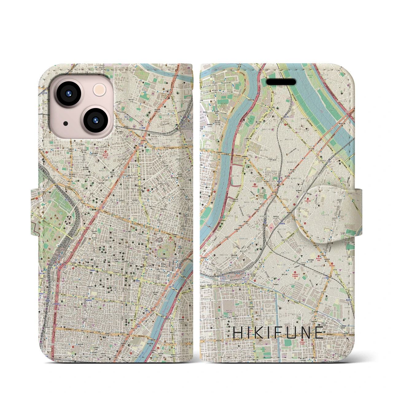 【曳舟】地図柄iPhoneケース（手帳両面タイプ・ナチュラル）iPhone 13 mini 用