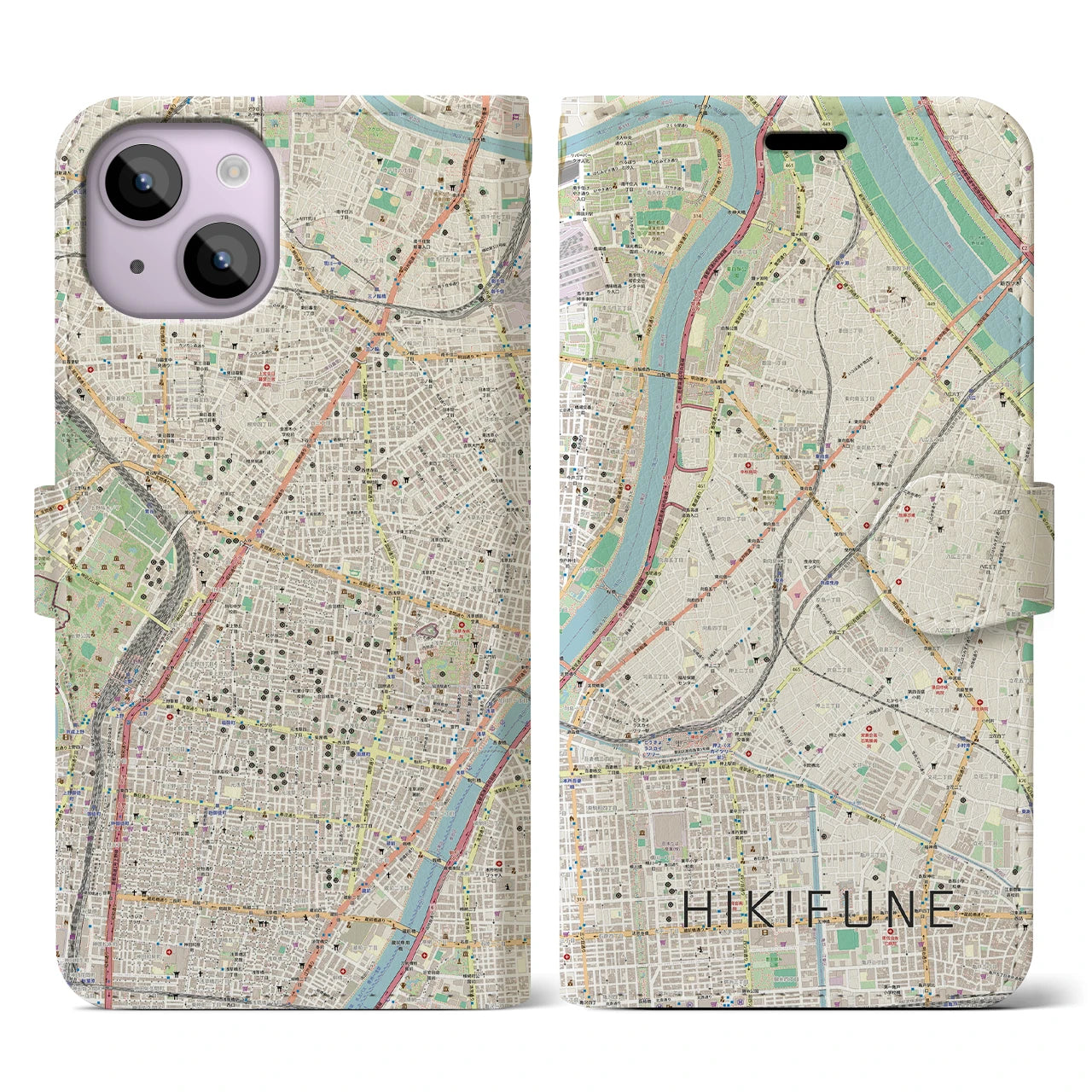 【曳舟】地図柄iPhoneケース（手帳両面タイプ・ナチュラル）iPhone 14 用