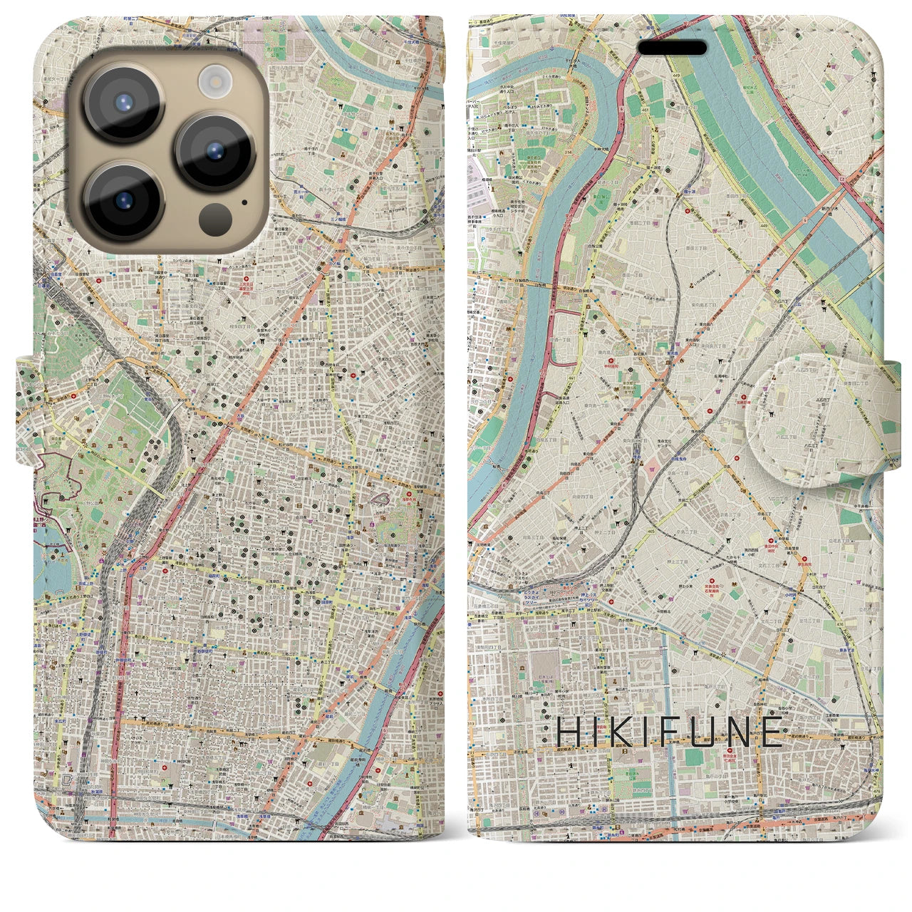 【曳舟】地図柄iPhoneケース（手帳両面タイプ・ナチュラル）iPhone 14 Pro Max 用