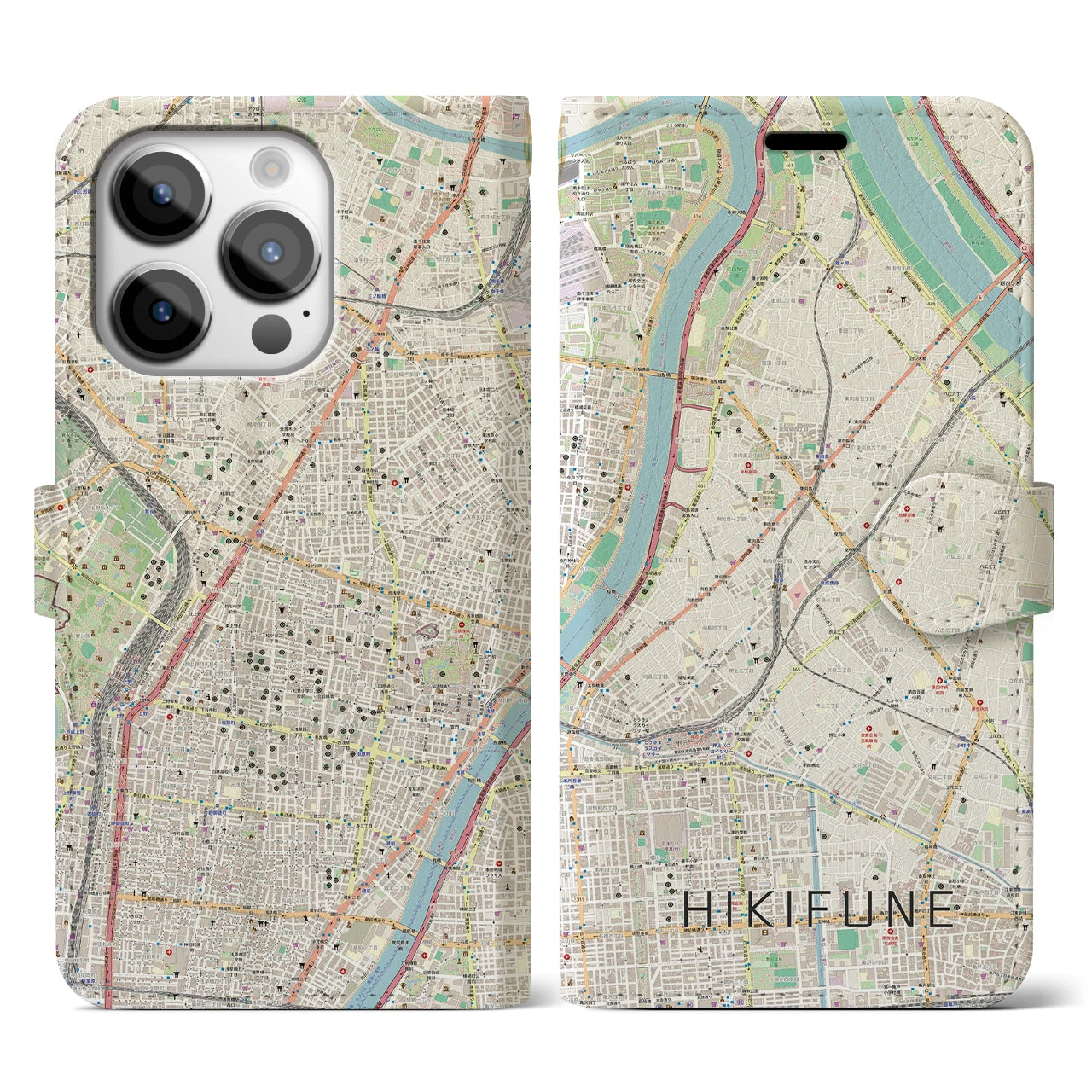 【曳舟】地図柄iPhoneケース（手帳両面タイプ・ナチュラル）iPhone 14 Pro 用