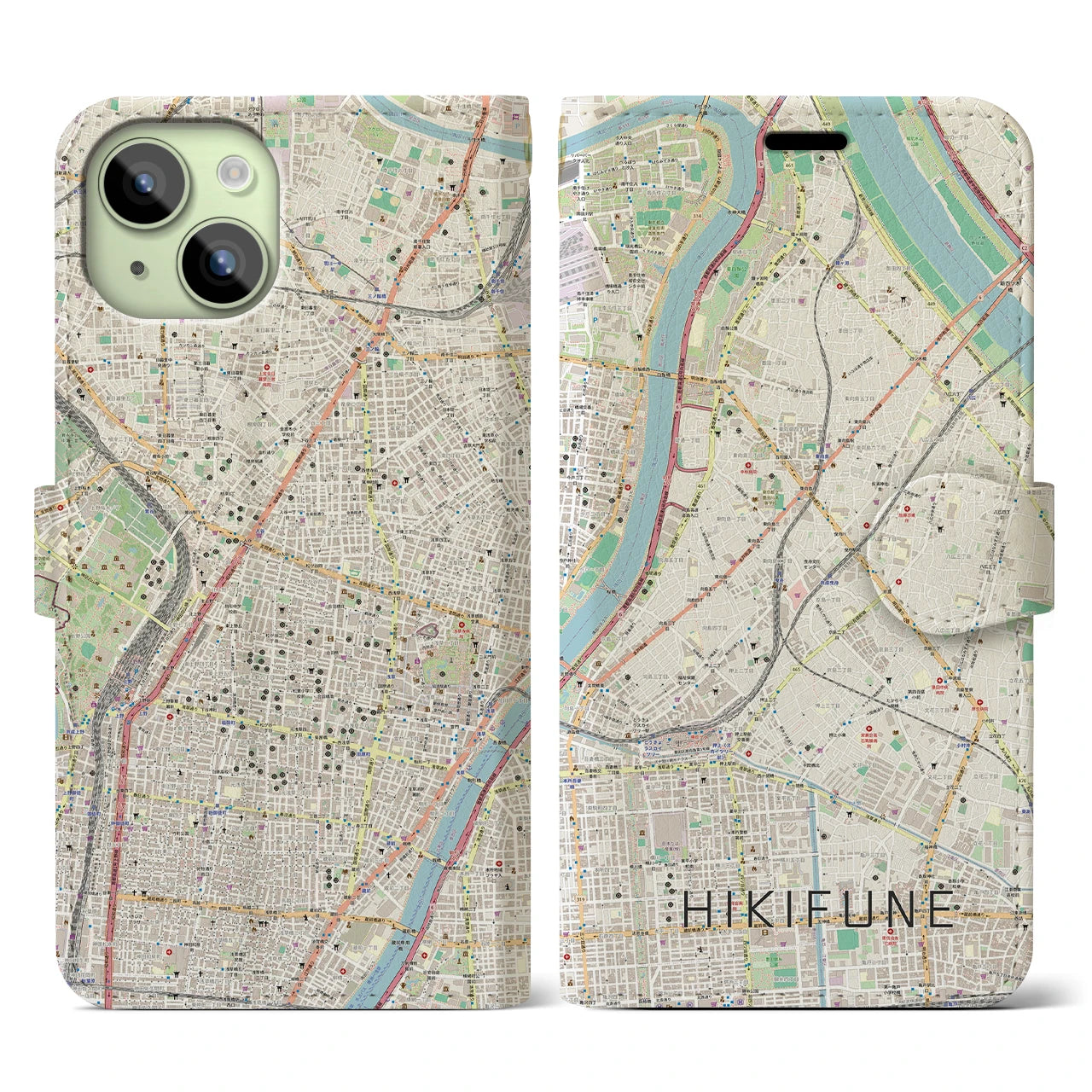 【曳舟】地図柄iPhoneケース（手帳両面タイプ・ナチュラル）iPhone 15 用