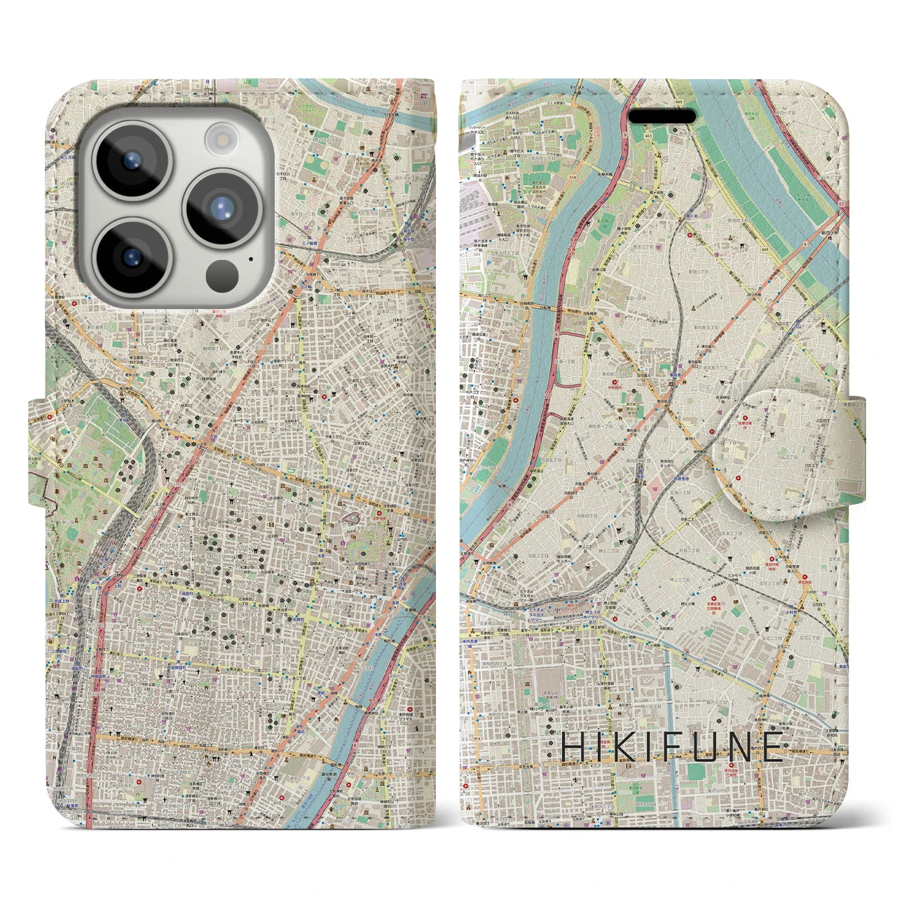 【曳舟】地図柄iPhoneケース（手帳両面タイプ・ナチュラル）iPhone 15 Pro 用