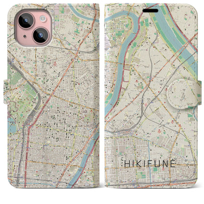 【曳舟（東京都）】地図柄iPhoneケース（手帳タイプ）ナチュラル・iPhone 15 Plus 用