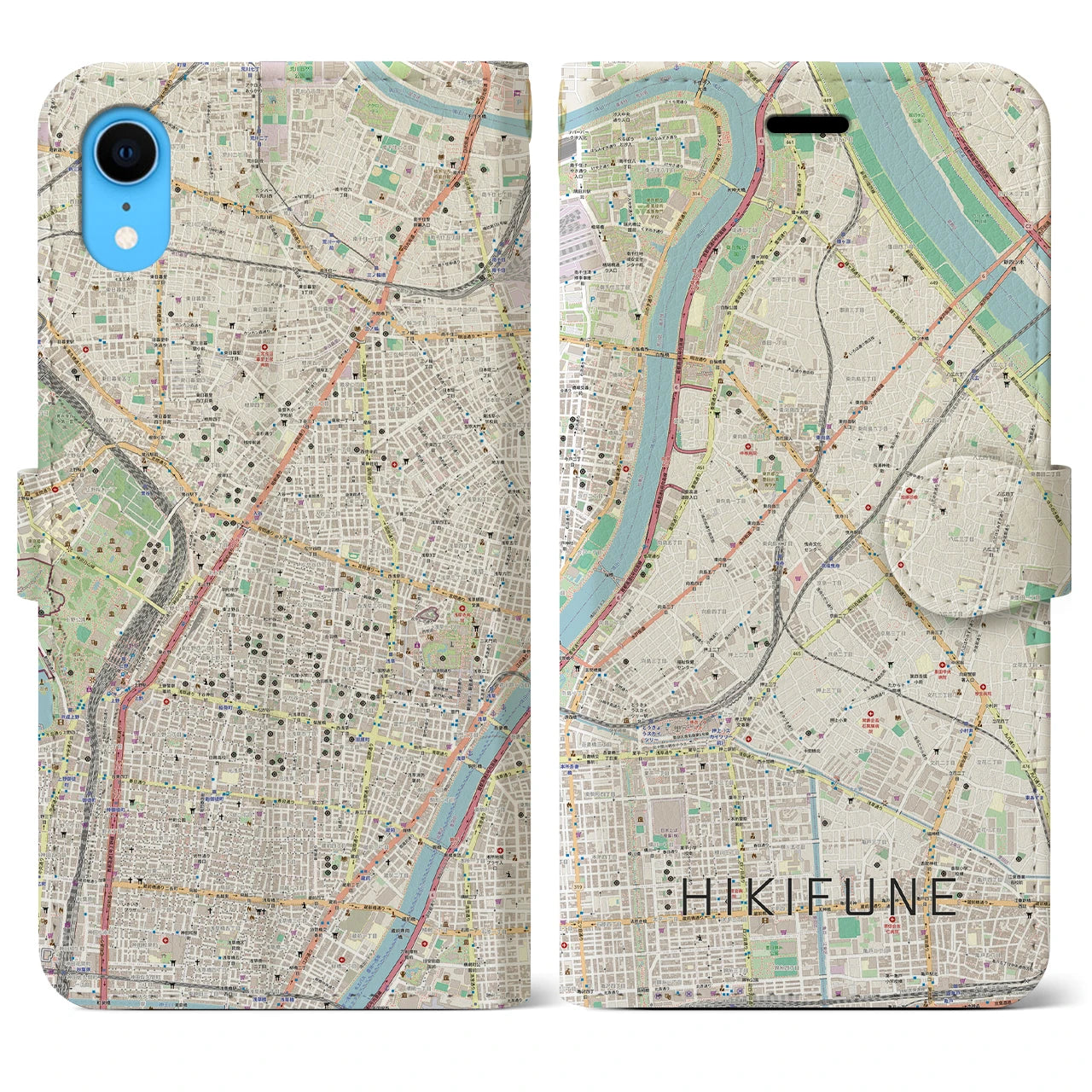 【曳舟】地図柄iPhoneケース（手帳両面タイプ・ナチュラル）iPhone XR 用