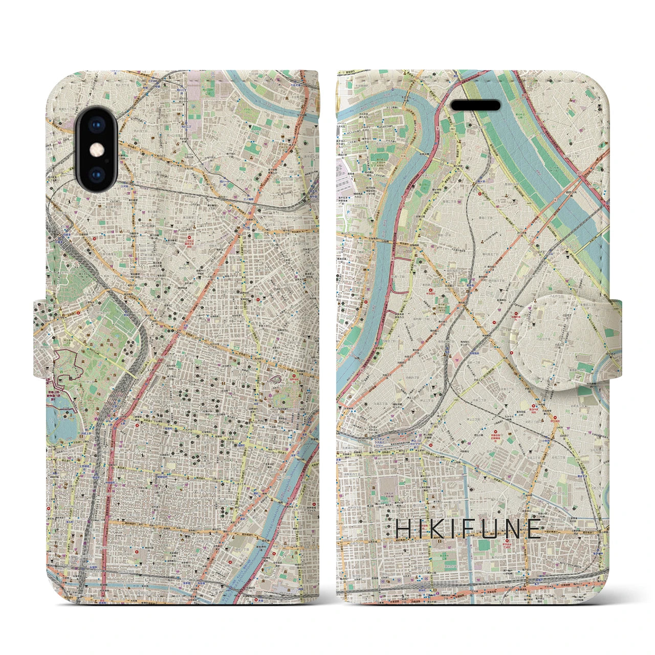 【曳舟】地図柄iPhoneケース（手帳両面タイプ・ナチュラル）iPhone XS / X 用