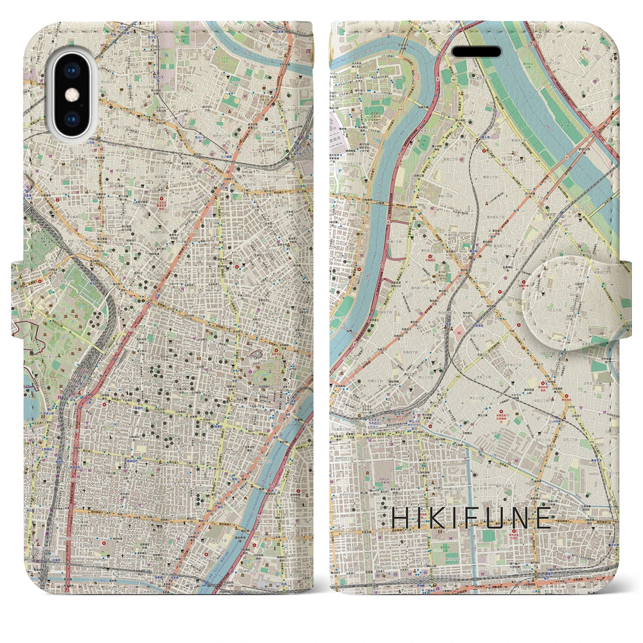 【曳舟】地図柄iPhoneケース（手帳両面タイプ・ナチュラル）iPhone XS Max 用
