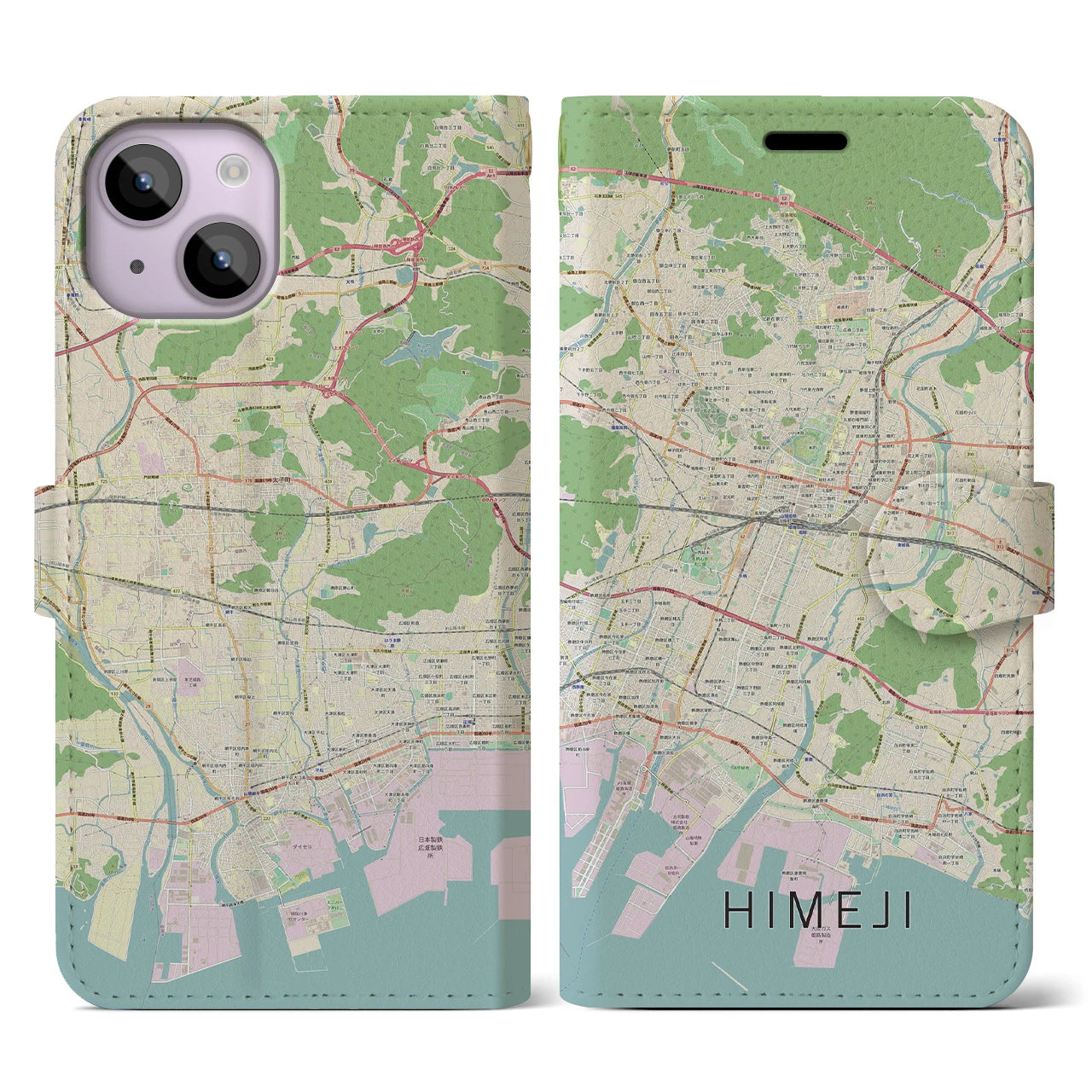 【姫路】地図柄iPhoneケース（手帳両面タイプ・ナチュラル）iPhone 14 用