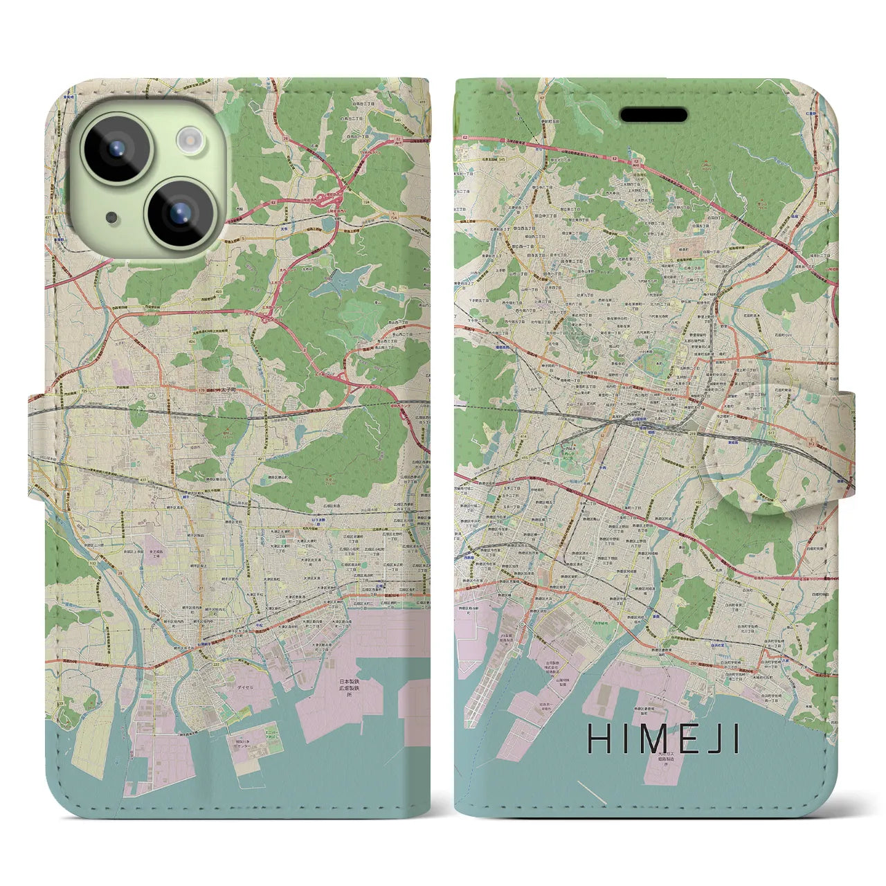 【姫路】地図柄iPhoneケース（手帳両面タイプ・ナチュラル）iPhone 15 用