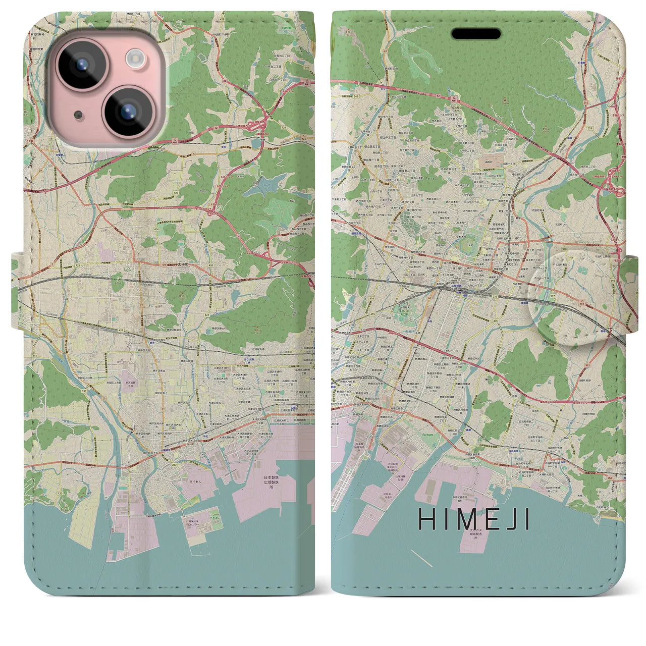 【姫路】地図柄iPhoneケース（手帳両面タイプ・ナチュラル）iPhone 15 Plus 用
