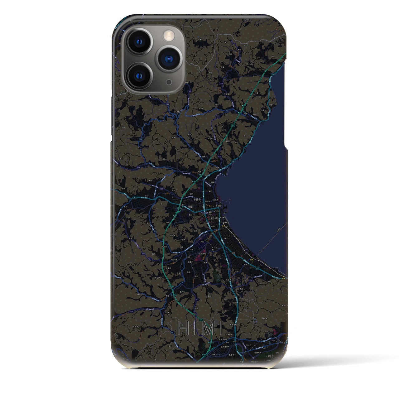 【氷見】地図柄iPhoneケース（バックカバータイプ・ブラック）iPhone 11 Pro Max 用