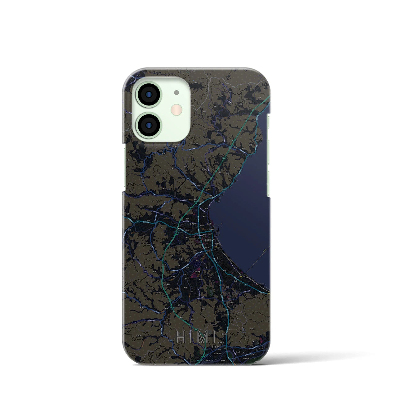 【氷見】地図柄iPhoneケース（バックカバータイプ・ブラック）iPhone 12 mini 用