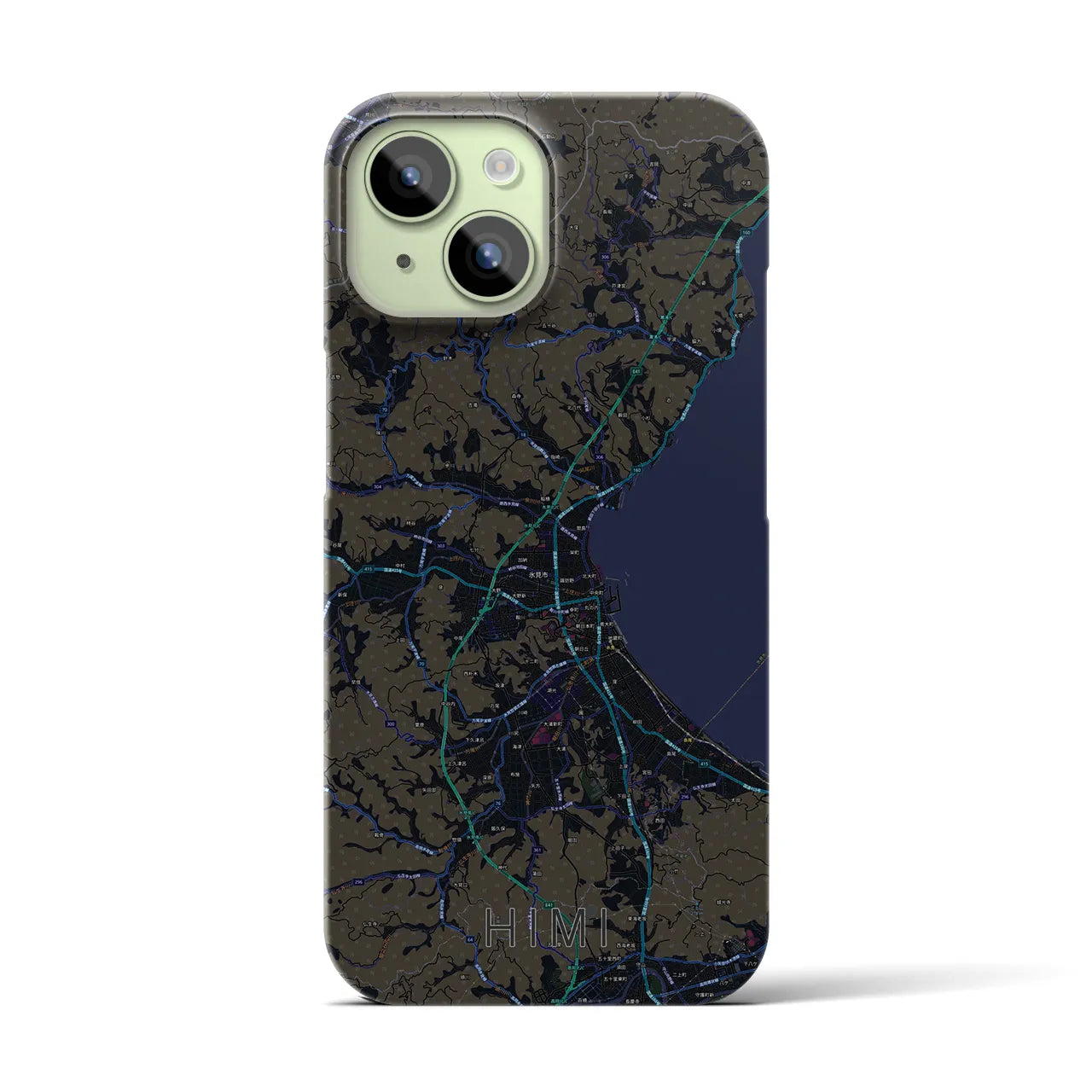 【氷見】地図柄iPhoneケース（バックカバータイプ・ブラック）iPhone 15 用