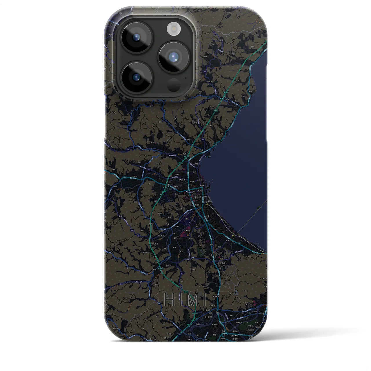 【氷見】地図柄iPhoneケース（バックカバータイプ・ブラック）iPhone 15 Pro Max 用