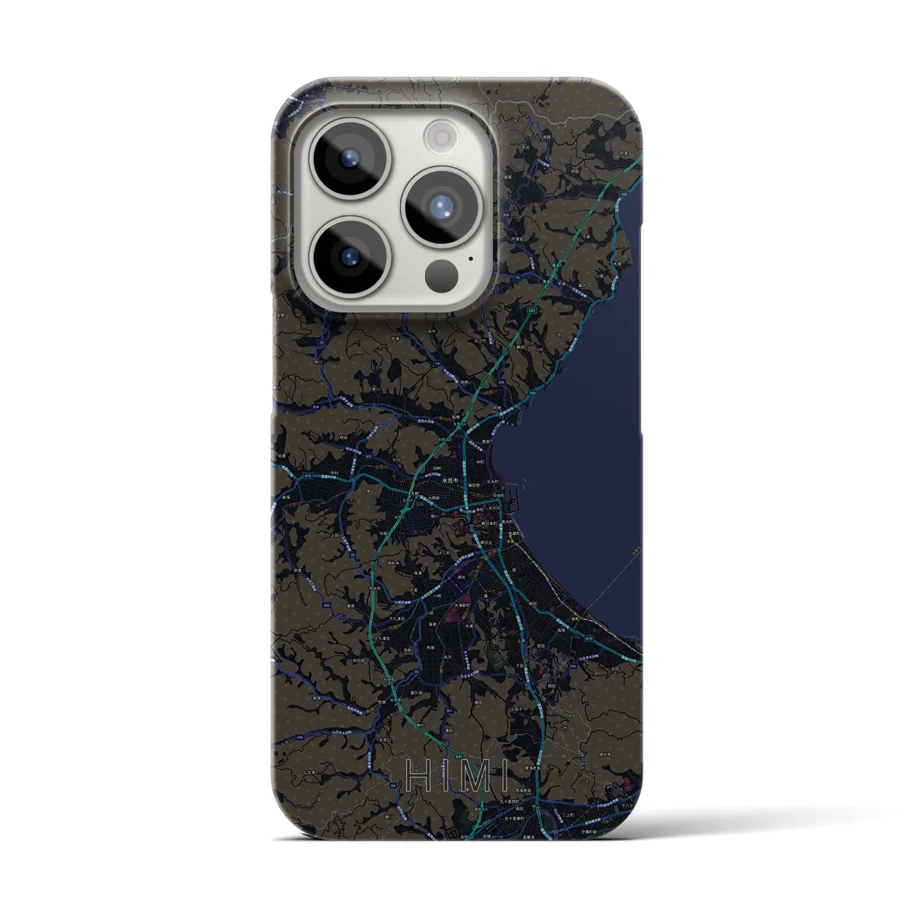 【氷見】地図柄iPhoneケース（バックカバータイプ・ブラック）iPhone 15 Pro 用