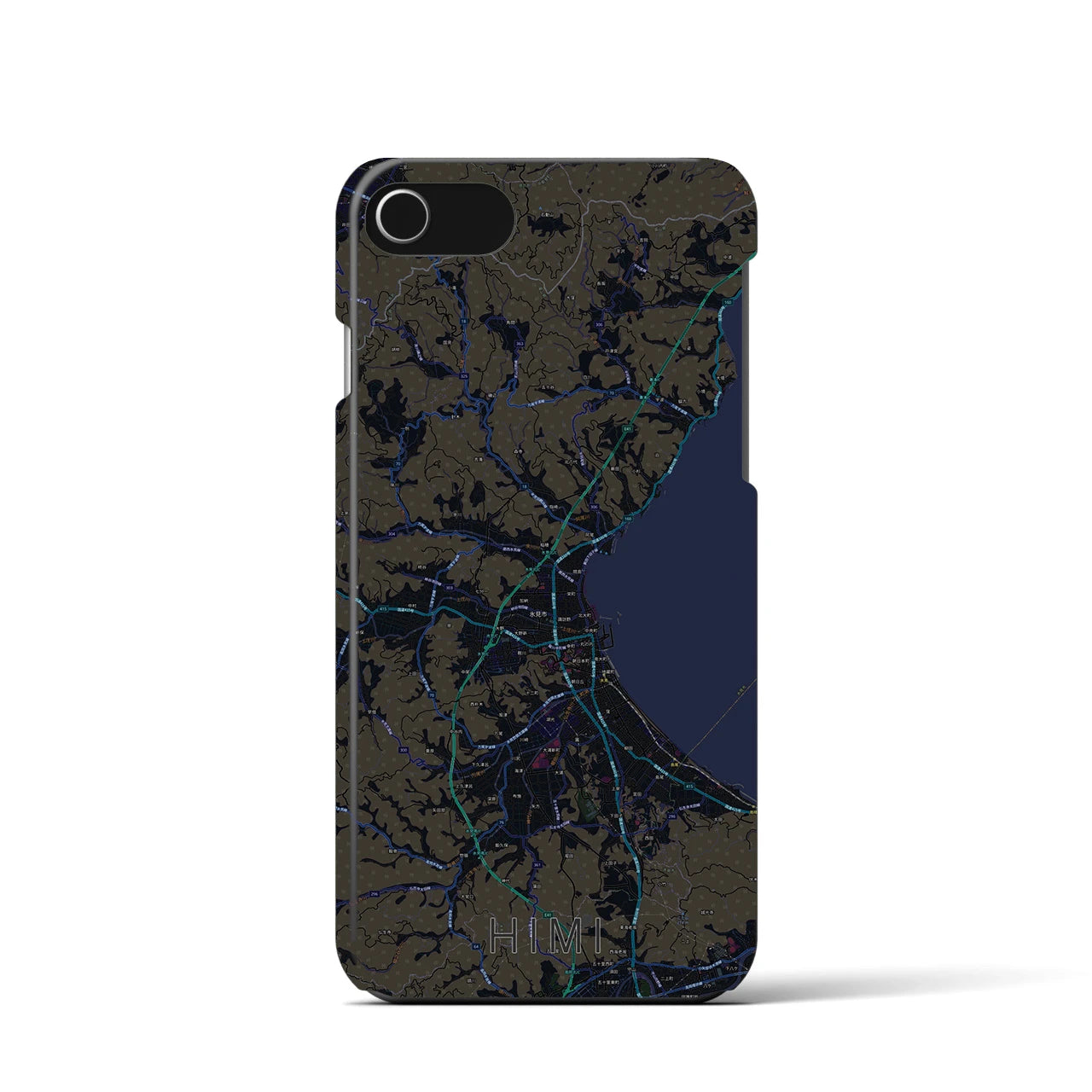 【氷見】地図柄iPhoneケース（バックカバータイプ・ブラック）iPhone SE（第3 / 第2世代） / 8 / 7 / 6s / 6 用