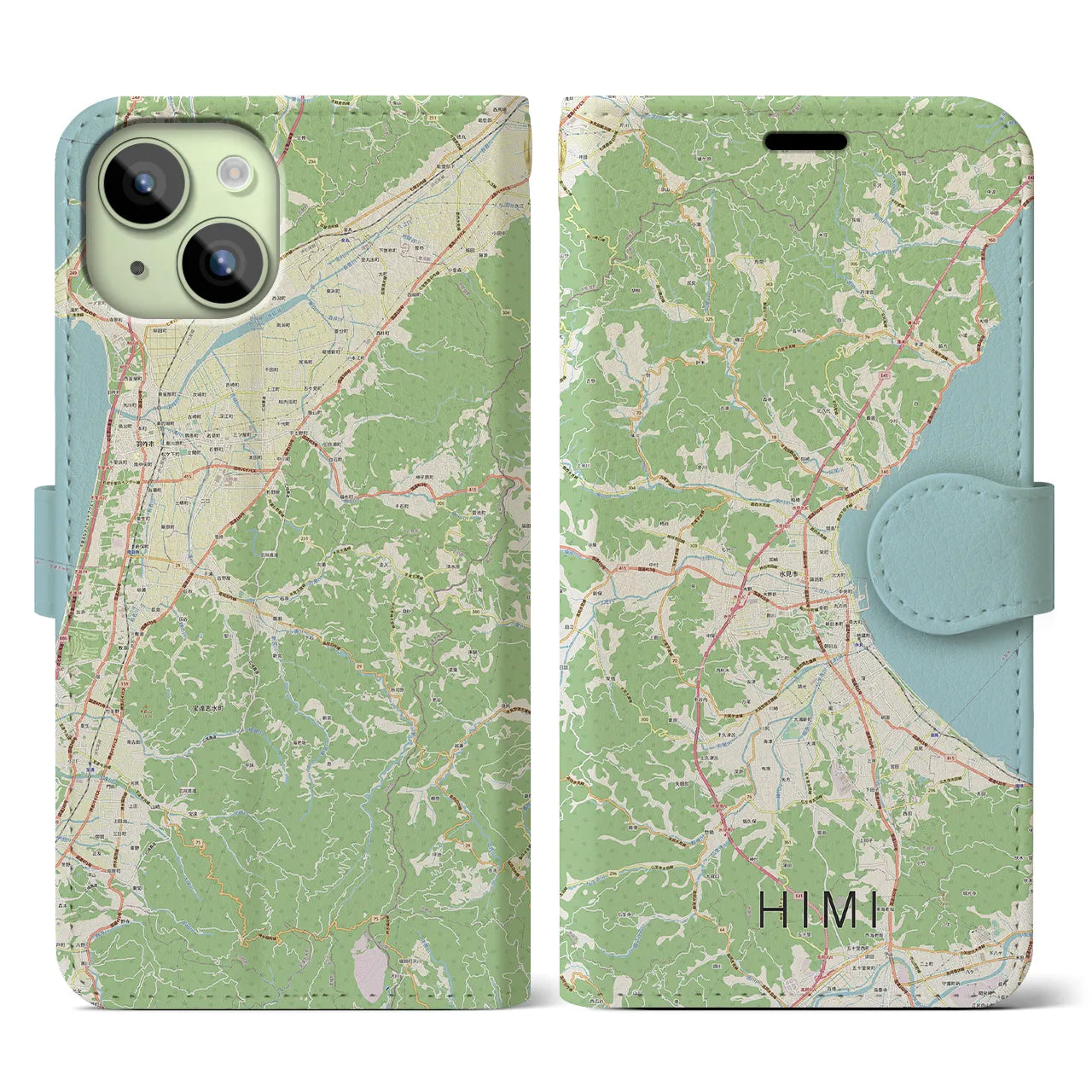 【氷見】地図柄iPhoneケース（手帳両面タイプ・ナチュラル）iPhone 15 用