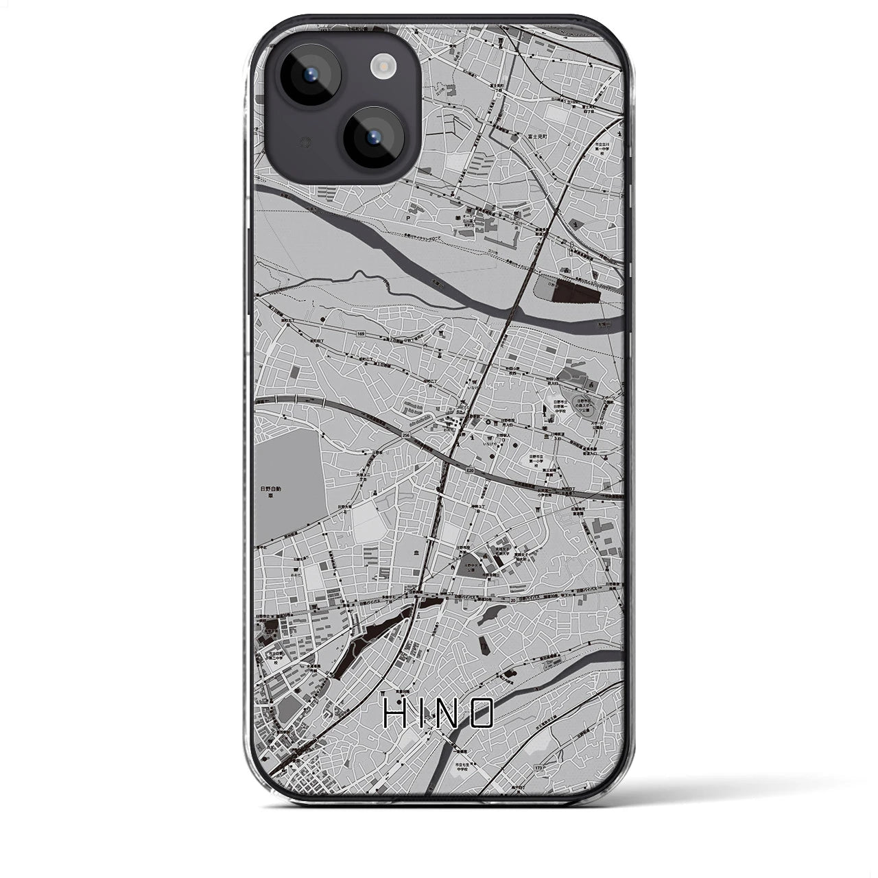 【日野】地図柄iPhoneケース（クリアタイプ・モノトーン）iPhone 14 Plus 用