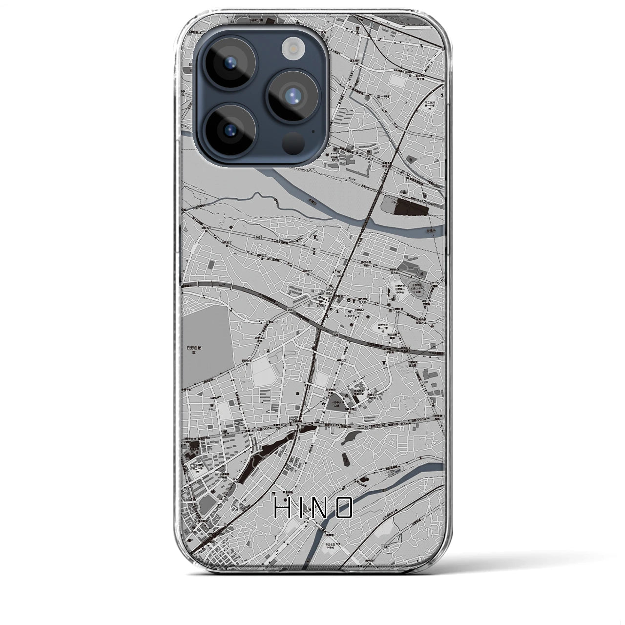 【日野】地図柄iPhoneケース（クリアタイプ・モノトーン）iPhone 15 Pro Max 用