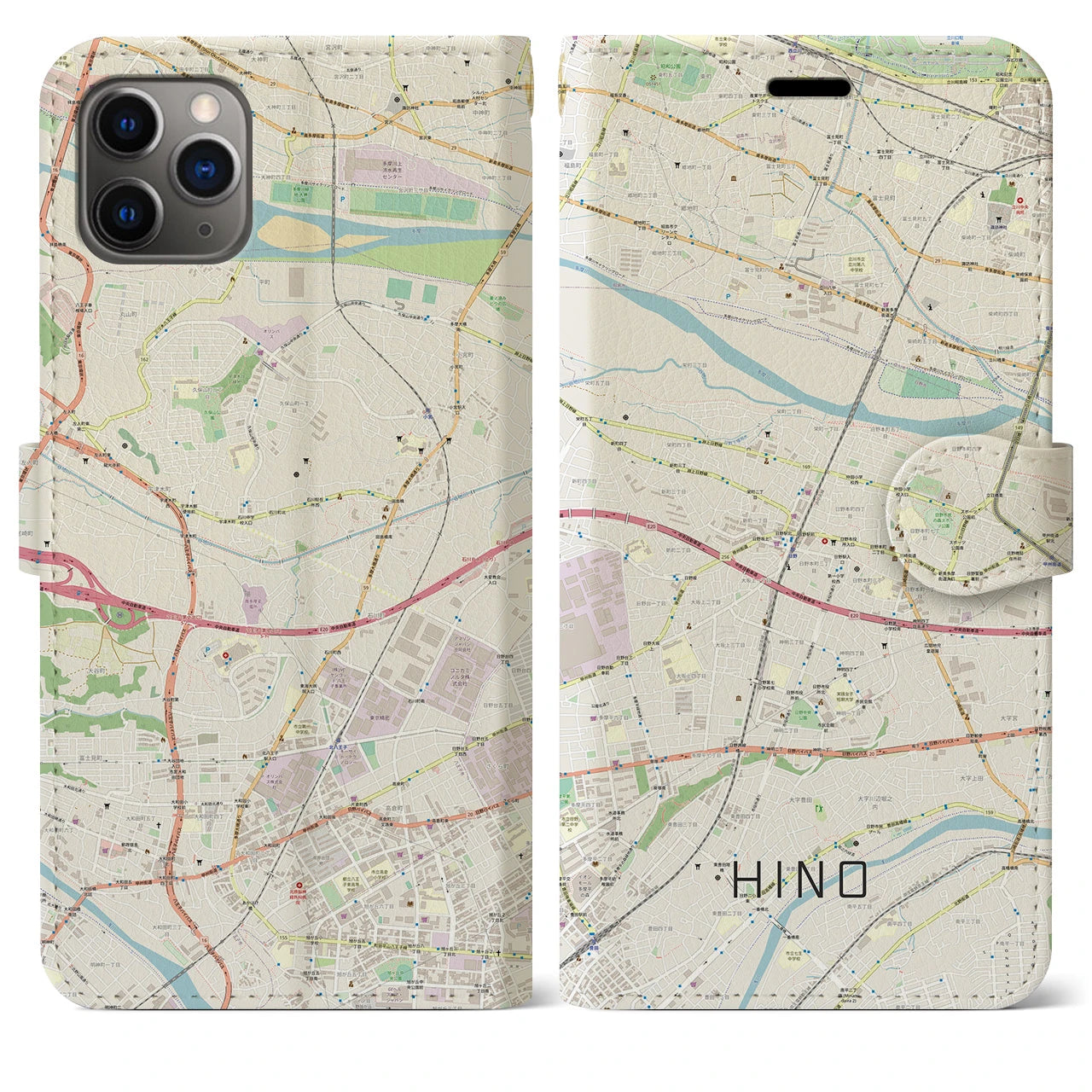 【日野】地図柄iPhoneケース（手帳両面タイプ・ナチュラル）iPhone 11 Pro Max 用