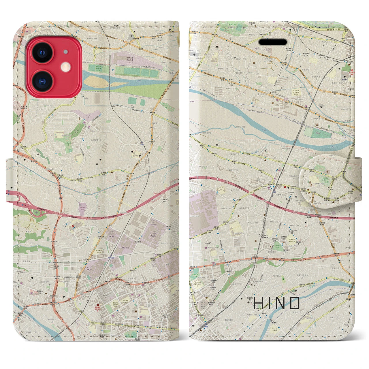 【日野】地図柄iPhoneケース（手帳両面タイプ・ナチュラル）iPhone 11 用